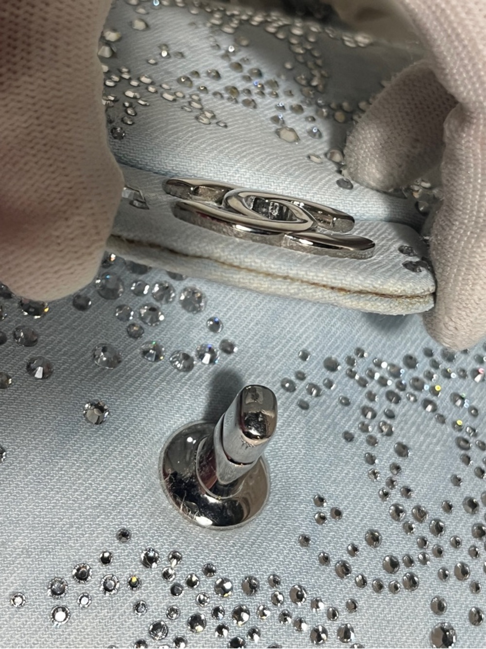 CHANEL Light Blue Quilted Crystal-Studded Shoulder Bag - Picture 10 of 16